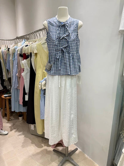 2025 summer new Korean version loose lace sweet temperament bow tie age-reducing casual all-match plaid vest for women