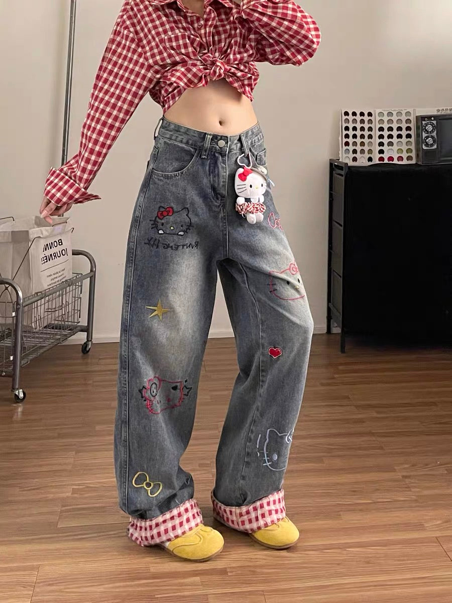 Fun Kitty embroidered jeans for women, retro plaid, rolled hem, straight leg, street style, washed, niche, unique long pants