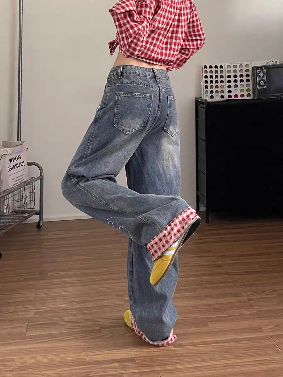 Fun Kitty embroidered jeans for women, retro plaid, rolled hem, straight leg, street style, washed, niche, unique long pants