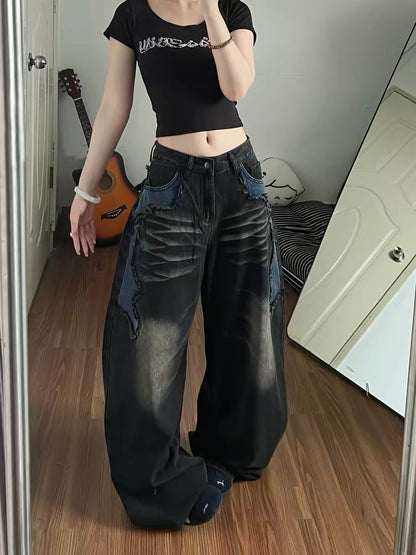 Women's black curved blade jeans, new summer style, wasteland retro patchwork, sexy street style wide-leg pants.