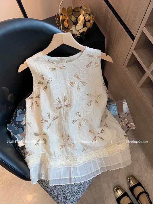 French sequin embroidered sleeveless vest for women 2025 summer new style gentle temperament high-end age-reducing camisole vest
