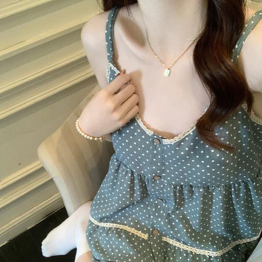 Plaid lace suspender pajamas women's summer 2025 new sexy with chest pads high-end home clothes two-piece set