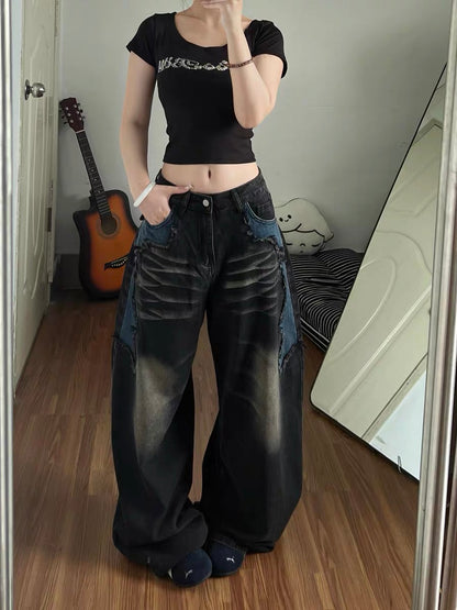 Women's black curved blade jeans, new summer style, wasteland retro patchwork, sexy street style wide-leg pants.