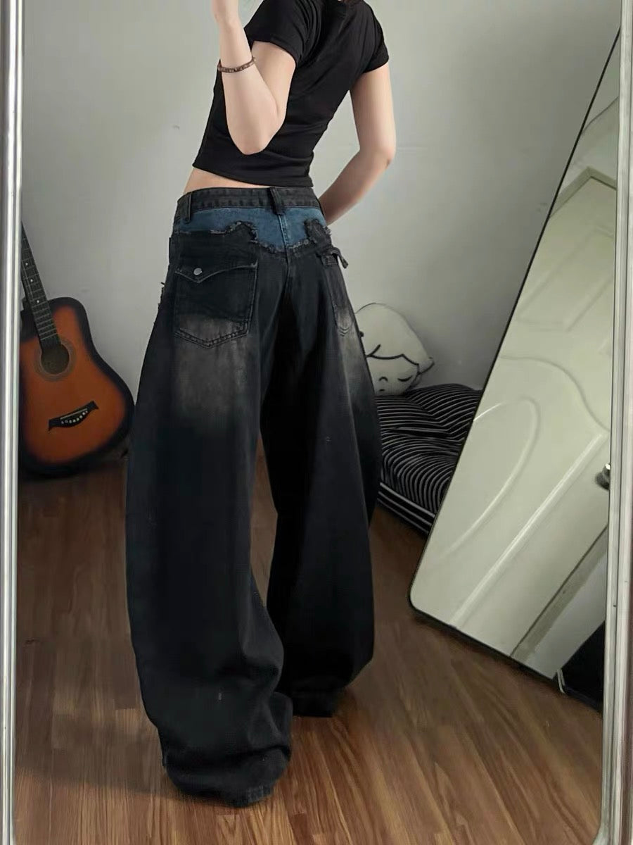 Women's black curved blade jeans, new summer style, wasteland retro patchwork, sexy street style wide-leg pants.