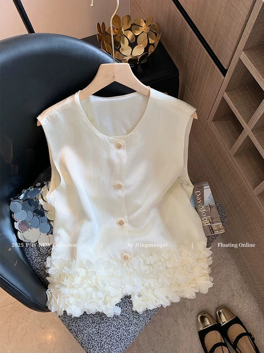 New Chinese style three-dimensional flower hem acetate sleeveless tops for women in summer new style high-grade slim waistcoat vest Korean