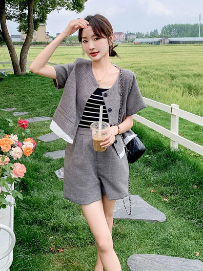 French design small fragrance top suit for women 2024 summer new slimming top wide leg shorts two-piece set