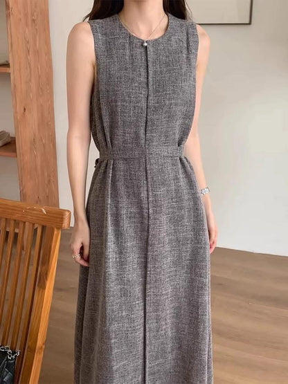 Korean chic summer retro temperament round neck tie waist slim long slit design vest dress for women
