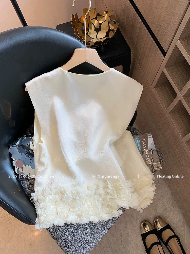New Chinese style three-dimensional flower hem acetate sleeveless tops for women in summer new style high-grade slim waistcoat vest Korean