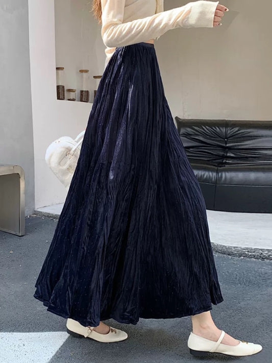 Textured rhinestone velvet midi skirt for women, high-waisted, flared, pleated, long A-line skirt with a flowing drape, perfect for autumn and winter, concealing the hips.