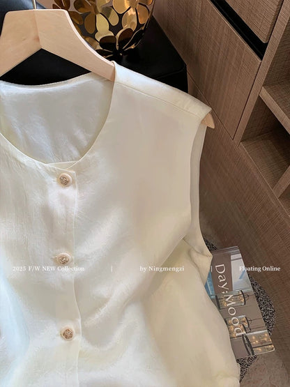 New Chinese style three-dimensional flower hem acetate sleeveless tops for women in summer new style high-grade slim waistcoat vest Korean