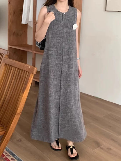 Korean chic summer retro temperament round neck tie waist slim long slit design vest dress for women
