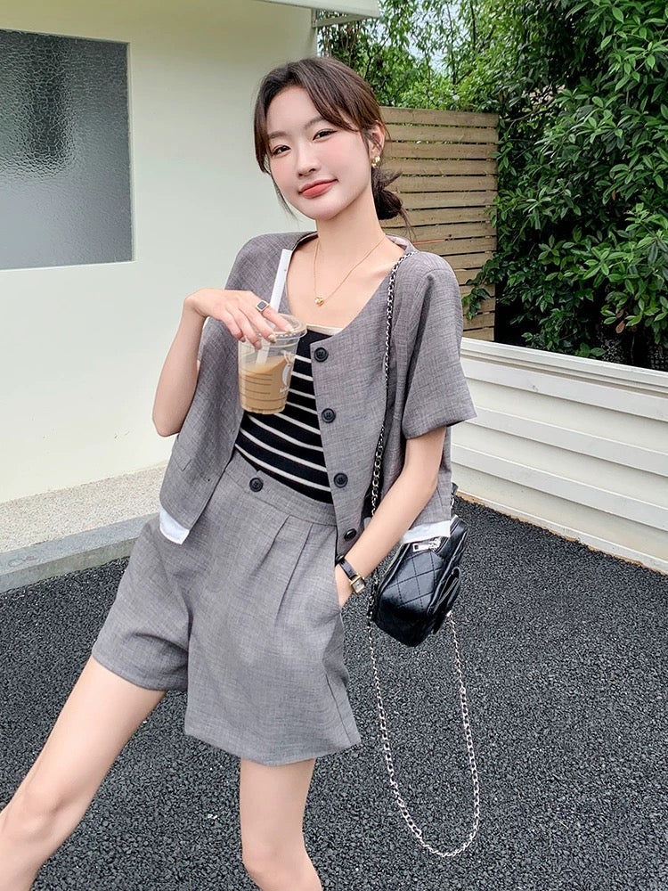 French design small fragrance top suit for women 2024 summer new slimming top wide leg shorts two-piece set