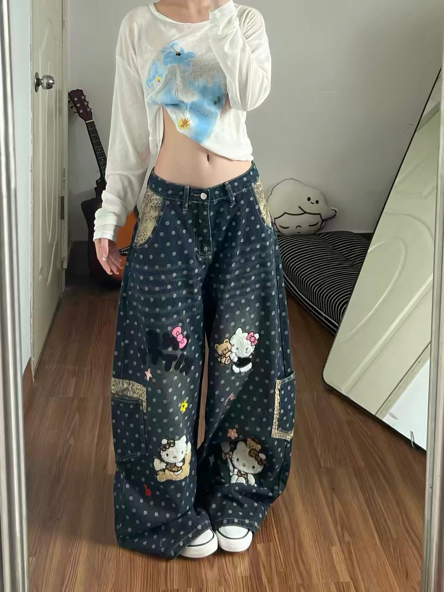 Women's polka dot terry cloth embroidered jeans, summer fashion, fun, Kitty cat, high street pleated straight leg casual pants