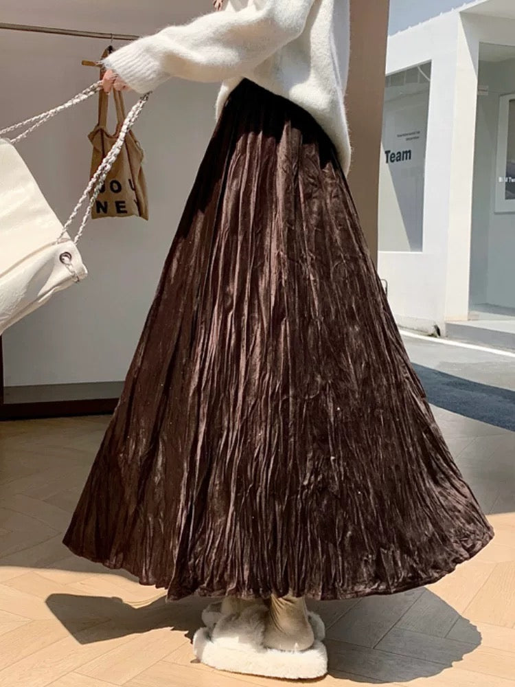 Textured rhinestone velvet midi skirt for women, high-waisted, flared, pleated, long A-line skirt with a flowing drape, perfect for autumn and winter, concealing the hips.