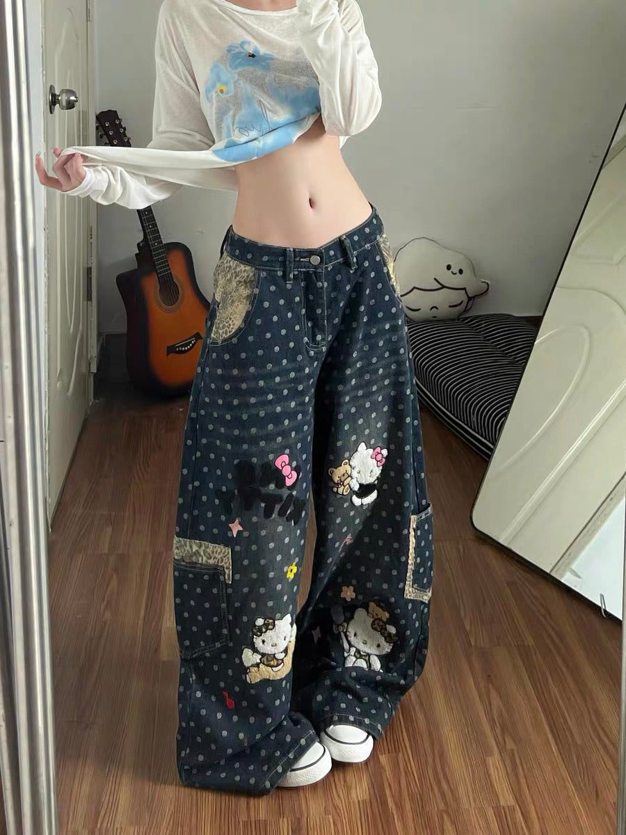 Women's polka dot terry cloth embroidered jeans, summer fashion, fun, Kitty cat, high street pleated straight leg casual pants