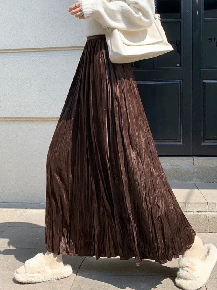 Textured rhinestone velvet midi skirt for women, high-waisted, flared, pleated, long A-line skirt with a flowing drape, perfect for autumn and winter, concealing the hips.