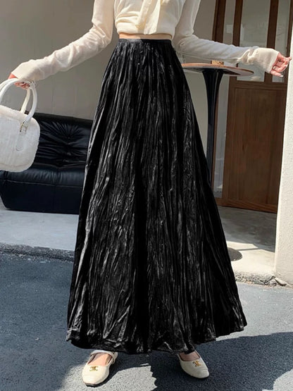 Textured rhinestone velvet midi skirt for women, high-waisted, flared, pleated, long A-line skirt with a flowing drape, perfect for autumn and winter, concealing the hips.