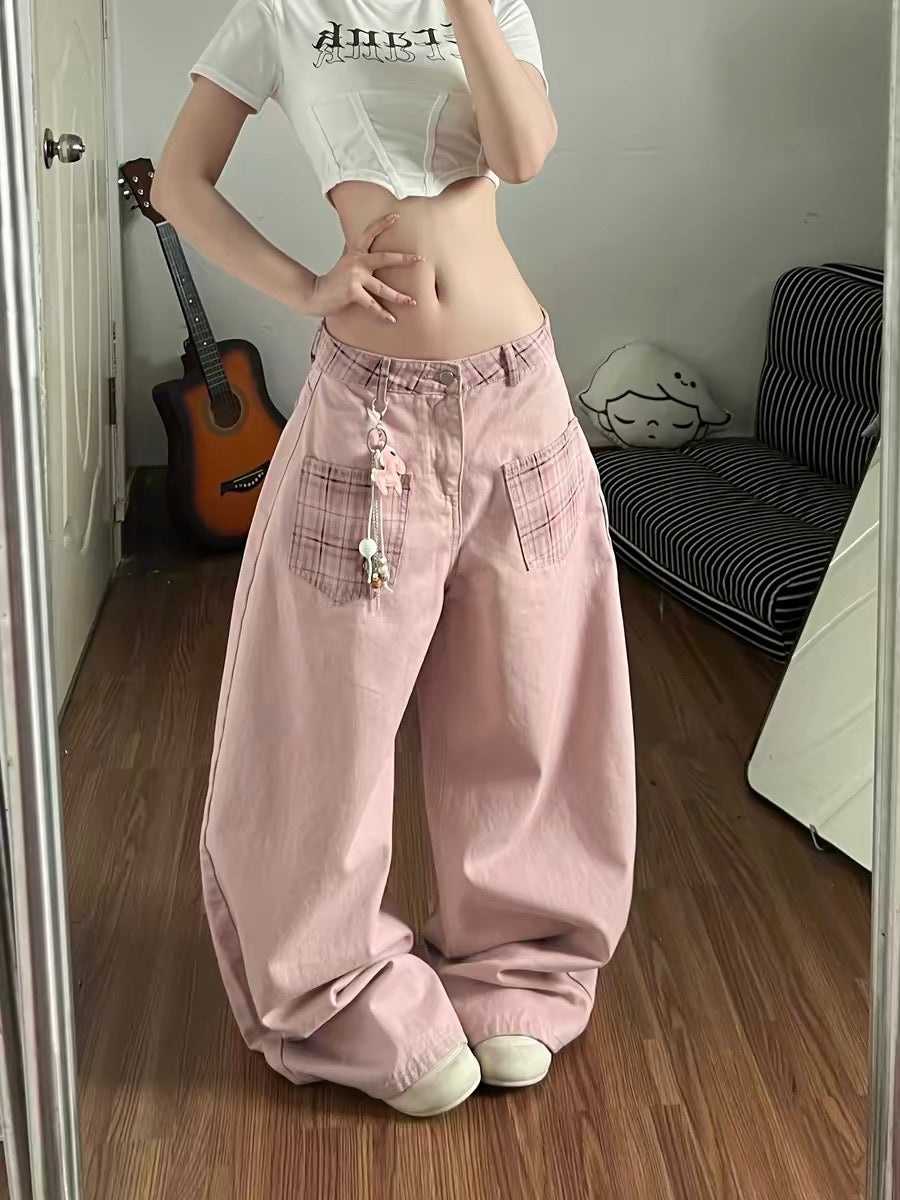 Pink curved denim jeans for women, summer style, plaid patchwork, high-waisted, sexy, sophisticated, casual, straight-leg, loose-fitting long pants.