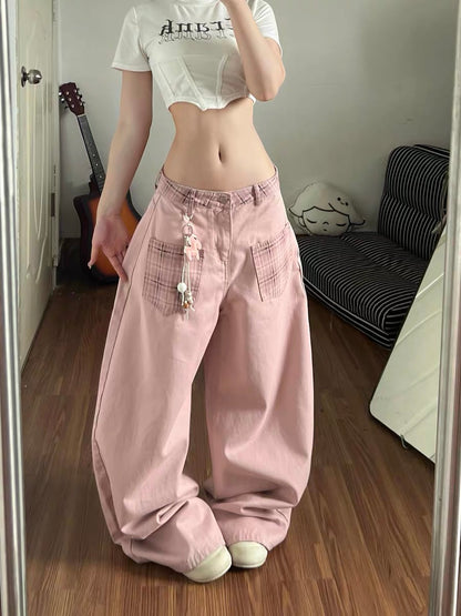 Pink curved denim jeans for women, summer style, plaid patchwork, high-waisted, sexy, sophisticated, casual, straight-leg, loose-fitting long pants.