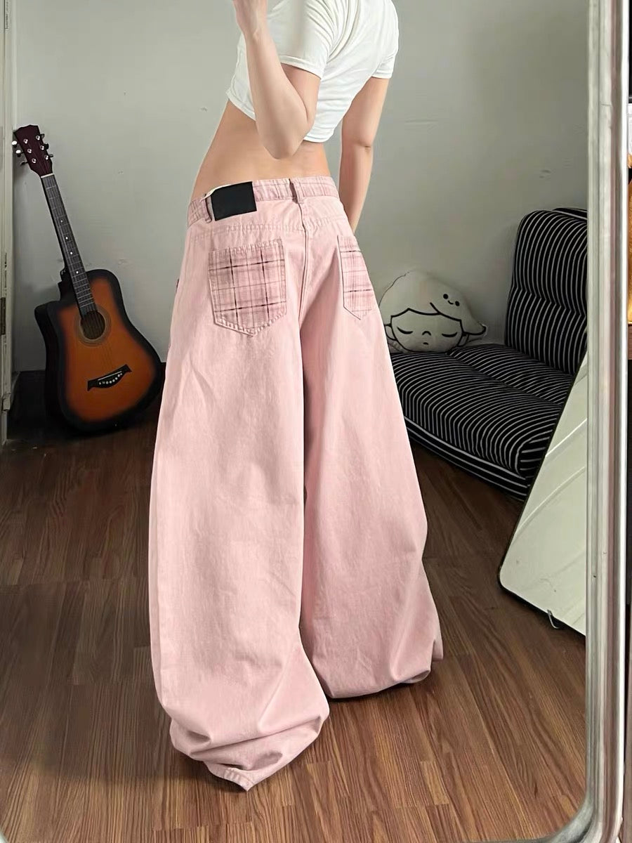 Pink curved denim jeans for women, summer style, plaid patchwork, high-waisted, sexy, sophisticated, casual, straight-leg, loose-fitting long pants.