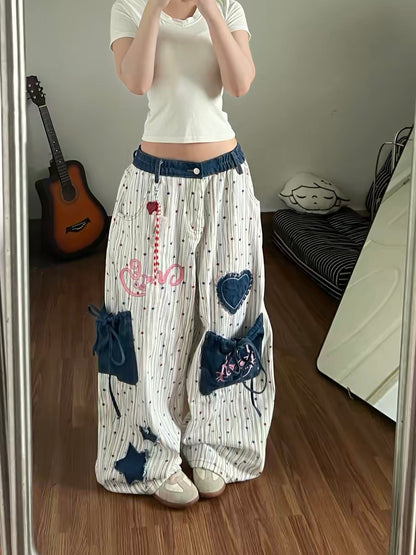 Women's wide-leg jeans with star appliqué embroidery, all-over print, unique, sexy style, fashionable street casual trousers for summer.