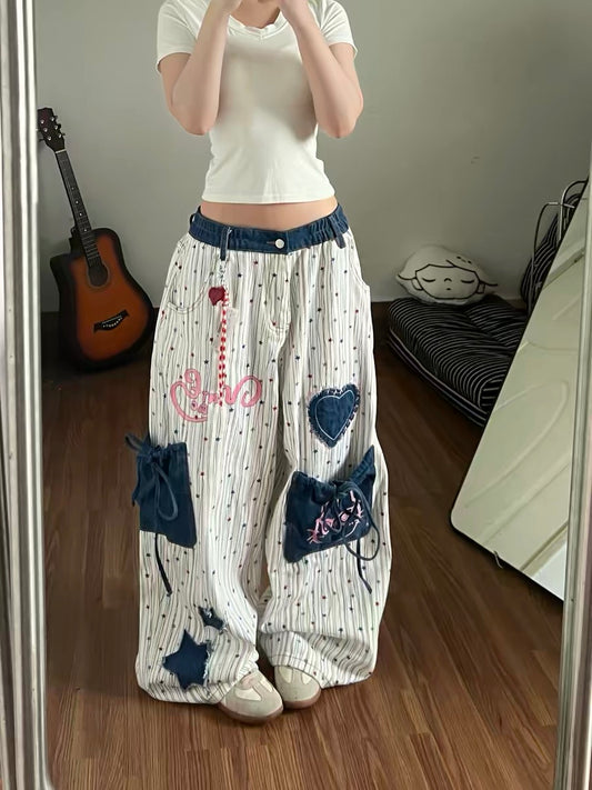 Women's wide-leg jeans with star appliqué embroidery, all-over print, unique, sexy style, fashionable street casual trousers for summer.