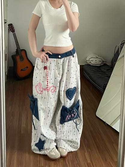 Women's wide-leg jeans with star appliqué embroidery, all-over print, unique, sexy style, fashionable street casual trousers for summer.