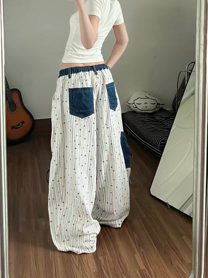 Women's wide-leg jeans with star appliqué embroidery, all-over print, unique, sexy style, fashionable street casual trousers for summer.