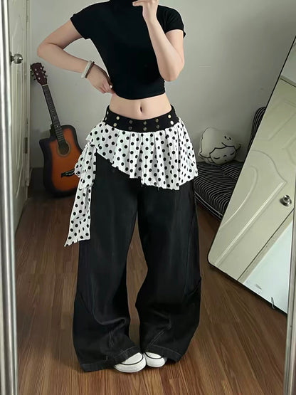 Korean style polka dot wide-leg jeans with lace-up design, layered with curved blades, exuding a sexy and stylish vibe.