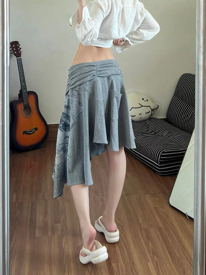 Fog-like printed knitted midi skirt for women, new summer 2026, grey, irregular, trendy, sexy, retro style.