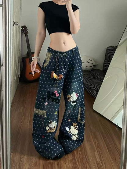 American-style Hello Kitty polka dot jeans for women, cute embroidered, high-street style, youthful, loose wide-leg trousers.
