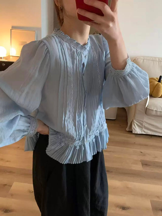 lilian～miluroom Early Spring Fresh Ruffled Hollow-Out Lace Long-Sleeved Blouse for Women YM9089