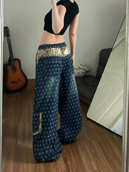 American-style Hello Kitty polka dot jeans for women, cute embroidered, high-street style, youthful, loose wide-leg trousers.