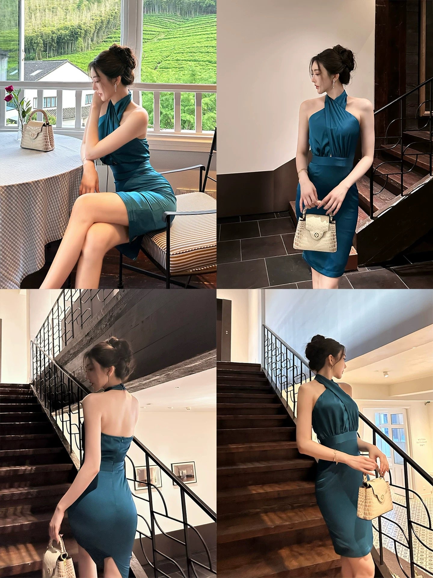 SX Shanxi Sapphire Blue Acetate Double-Sided Satin Cross-Stop Neck Dress Temperament Feminine Slim Fit Waist Hip Skirt