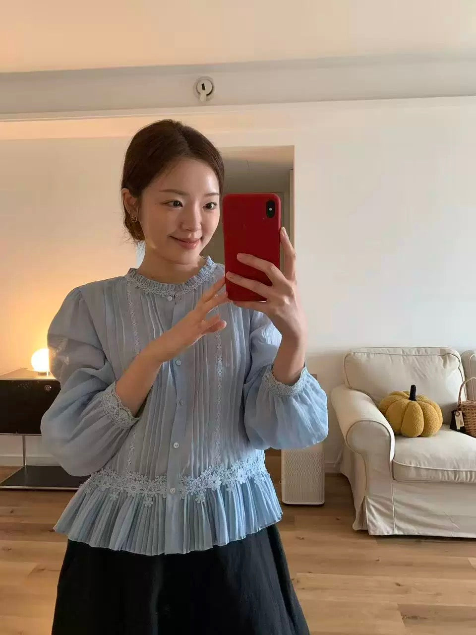 lilian～miluroom Early Spring Fresh Ruffled Hollow-Out Lace Long-Sleeved Blouse for Women YM9089
