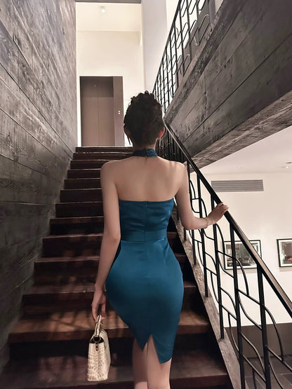 SX Shanxi Sapphire Blue Acetate Double-Sided Satin Cross-Stop Neck Dress Temperament Feminine Slim Fit Waist Hip Skirt