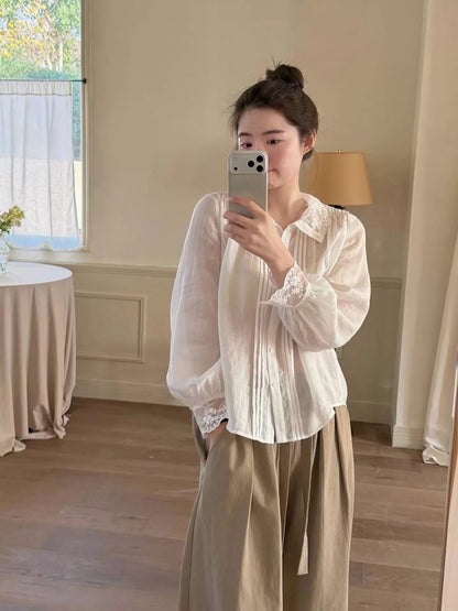 lilian～miluroom Early Spring Delicate Lace-Trimmed Peter Pan Collar Loose Puff Sleeve Shirt for Women W91017