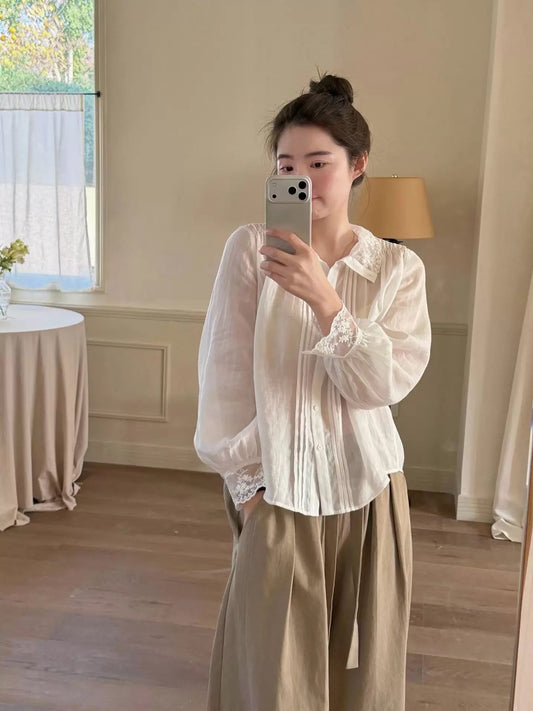 lilian～miluroom Early Spring Delicate Lace-Trimmed Peter Pan Collar Loose Puff Sleeve Shirt for Women W91017