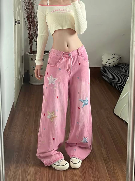 Retro distressed star-patterned denim jeans for women, new spring style, Korean fashion, dopamine-enhancing, wide-leg, slimming, casual pants.