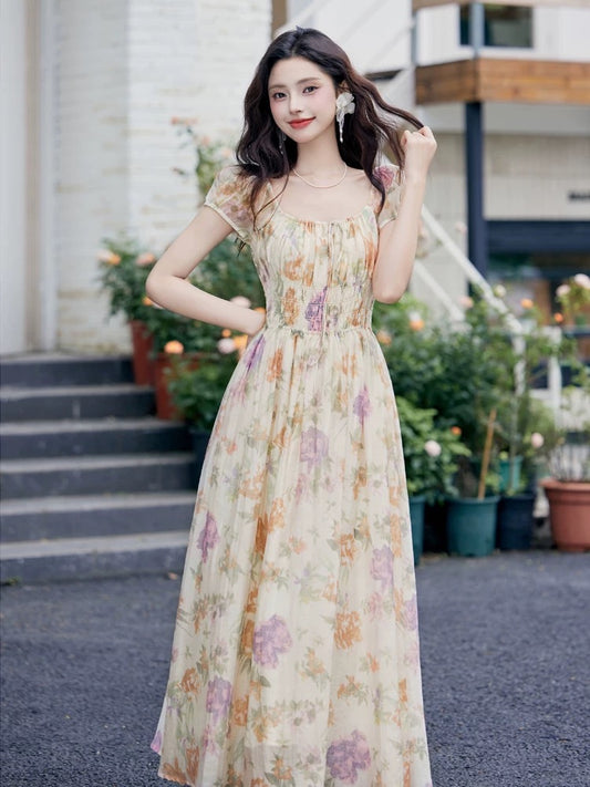 First Love Tea Break French Temperament Sweet Floral Dress Women's Summer High-Level Feeling Salty or Sweet Slim Fairy Long Dress