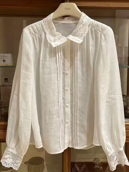 lilian～miluroom Early Spring Delicate Lace-Trimmed Peter Pan Collar Loose Puff Sleeve Shirt for Women W91017