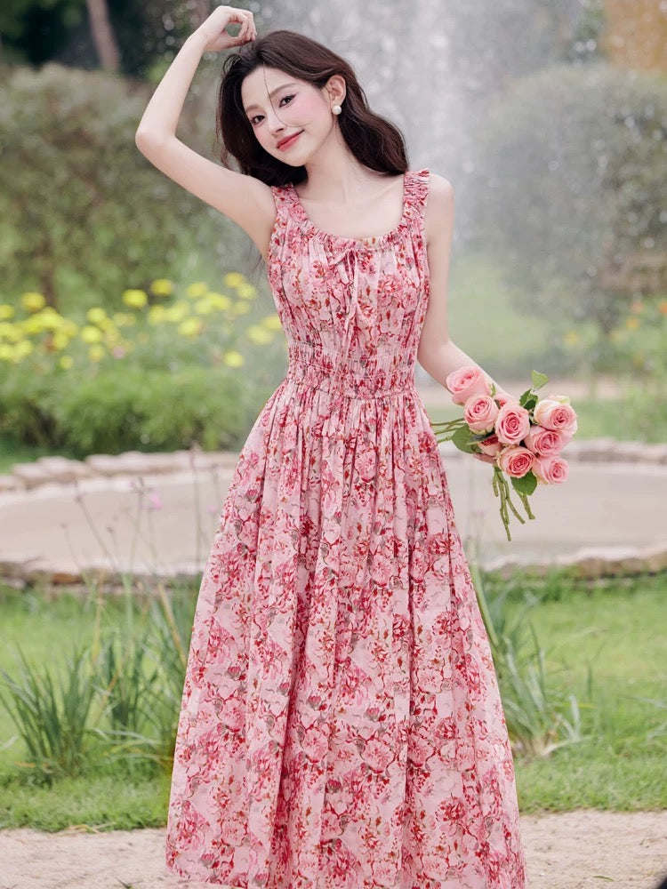 Tea Break French Red Floral Suspender Dress Women's Summer Super Beautiful Seaside Vacation Beach Long Skirt Looks Slim