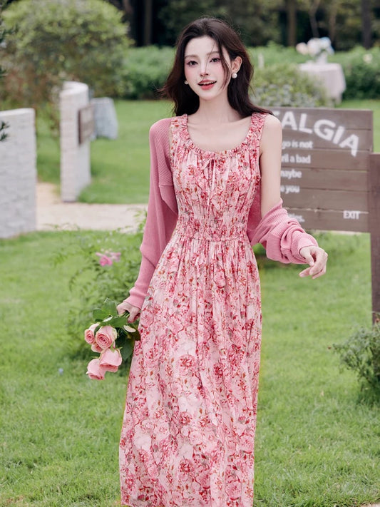 Tea Break French Red Floral Suspender Dress Women's Summer Super Beautiful Seaside Vacation Beach Long Skirt Looks Slim