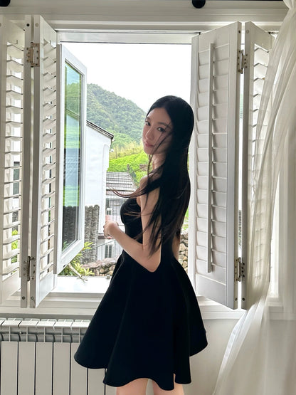 SX Shanxi French retro temperament sling slim waist umbrella dress female high-end chic princess short skirt