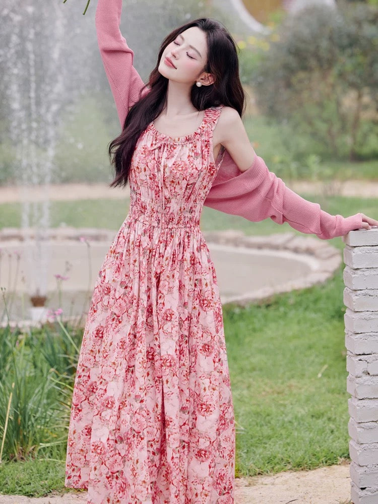Tea Break French Red Floral Suspender Dress Women's Summer Super Beautiful Seaside Vacation Beach Long Skirt Looks Slim