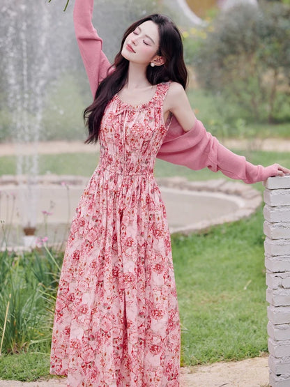 Tea Break French Red Floral Suspender Dress Women's Summer Super Beautiful Seaside Vacation Beach Long Skirt Looks Slim