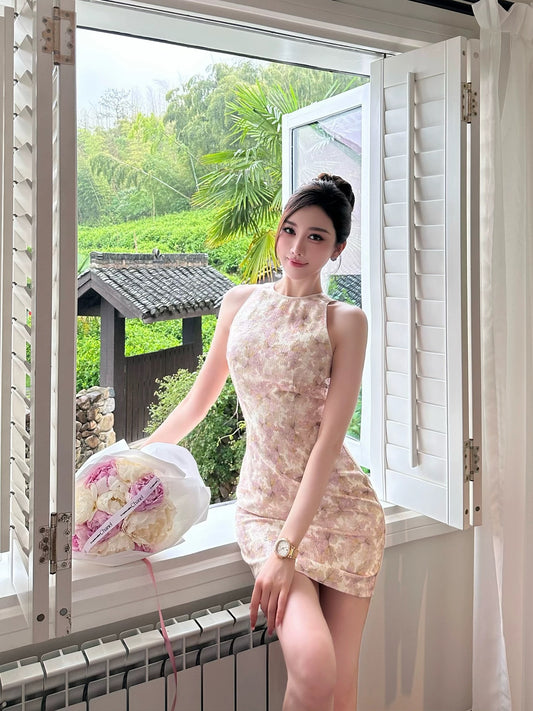 SX Shanxi pink jacquard round neck sleeveless dress female high-class lady temperament small fragrance style slim hip short skirt