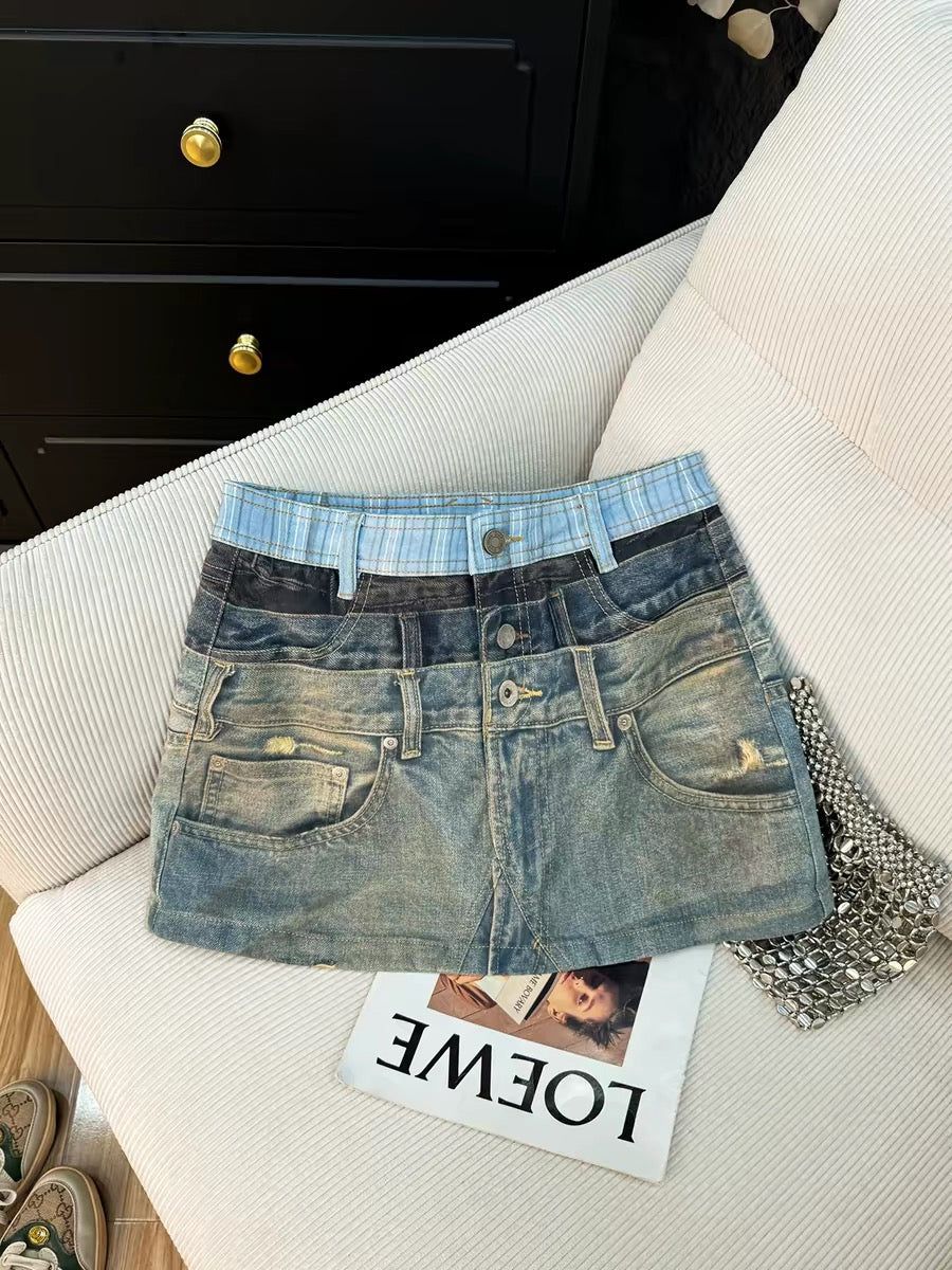 2026 Summer High-Waisted A-Line Slim Fit Denim Mini Skirt for Women - Fashionable and Unique Distressed Plaid Denim Mini Skirt