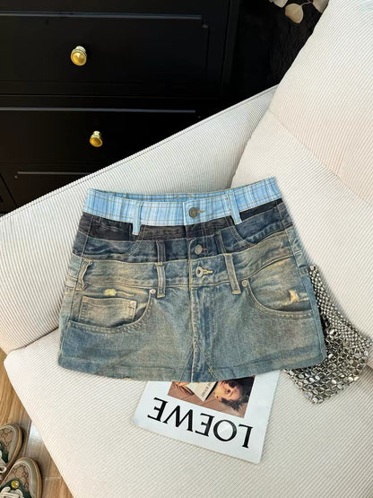 2026 Summer High-Waisted A-Line Slim Fit Denim Mini Skirt for Women - Fashionable and Unique Distressed Plaid Denim Mini Skirt