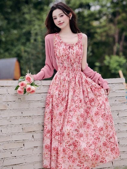 Tea Break French Red Floral Suspender Dress Women's Summer Super Beautiful Seaside Vacation Beach Long Skirt Looks Slim